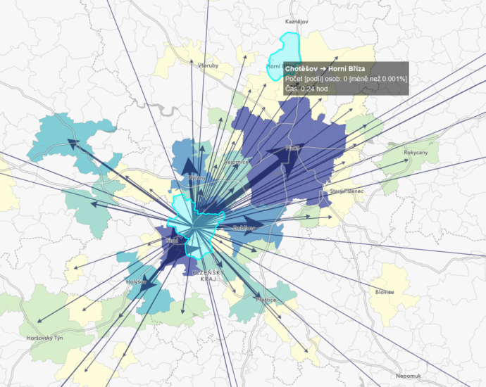 Mapa kam se z Chotěšova jezdí za prací